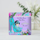 ベビーシャワーガールティール(緑がかった色)パープルフローラシューズ 招待状 (スタンド正面)