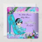 ベビーシャワーガールティール(緑がかった色)パープルフローラシューズ 招待状 (正面)