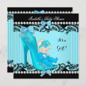 ベビーシャワーガールティール(緑がかった色)ブルーシューブロンド 招待状 (正面/裏面)