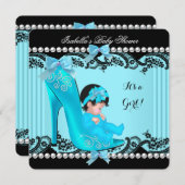 ベビーシャワーガールティール（緑がかった色）ブルーシュー 招待状 (正面/裏面)