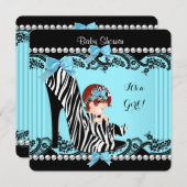 ベビーシャワーガールティール（緑がかった色）ブルーゼブラレッドヘア 招待状 (正面/裏面)