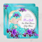ベビーシャワーガールティール(緑がかった色)ブルーパープルフローラ3 招待状 (正面/裏面)