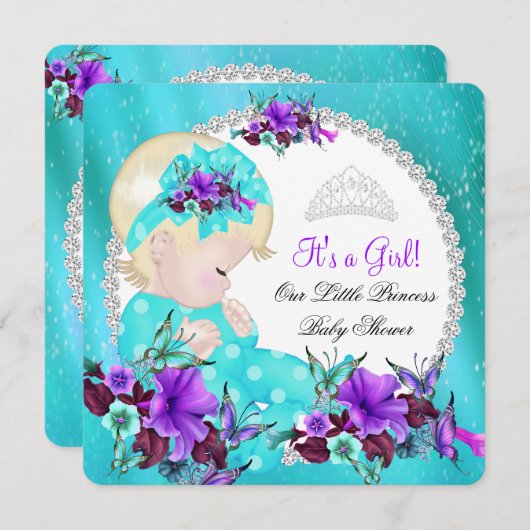 ベビーシャワーガールティール(緑がかった色)ブルーパープルフローラ3 招待状 (正面/裏面)