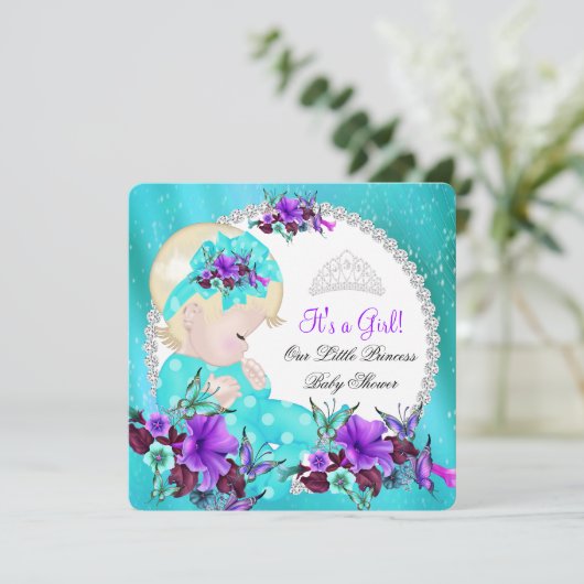 ベビーシャワーガールティール(緑がかった色)ブルーパープルフローラ3 招待状 (スタンド正面)