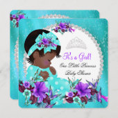 ベビーシャワーガールティール(緑がかった色)ブルーパープルフローラ 招待状 (正面/裏面)