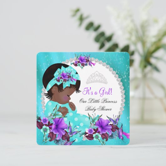 ベビーシャワーガールティール(緑がかった色)ブルーパープルフローラ 招待状 (スタンド正面)