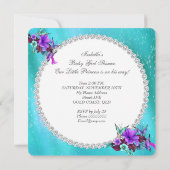 ベビーシャワーガールティール(緑がかった色)ブルーパープルフローラ 招待状 (裏面)
