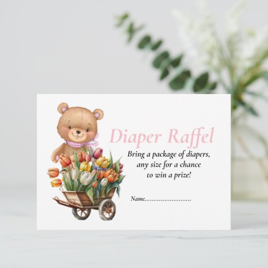 ベビーシャワーガールテディフローラおむつラッフェル 招待状 (スタンド正面)