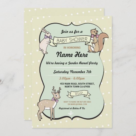 ベビーシャワーガールディアー水玉模様招待状 招待状 (正面/裏面)