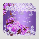 ベビーシャワーガールバタフライパープルピンク薄紫バラ 招待状 (正面/裏面)