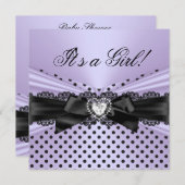 ベビーシャワーガールパープルブラックレース水玉模様 招待状 (正面/裏面)