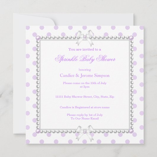 ベビーシャワーガールパープルホワイト水玉模様真珠 招待状 (裏面)