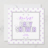 ベビーシャワーガールパープルホワイト水玉模様真珠 招待状 (正面)