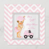 ベビーシャワーガールピンクキャップトラックベアーブロンド 招待状 (正面/裏面)