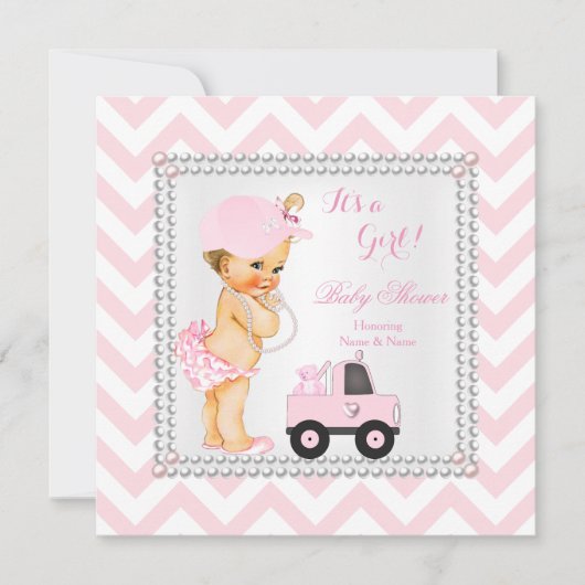 ベビーシャワーガールピンクキャップトラックベアーブロンド 招待状 (正面)