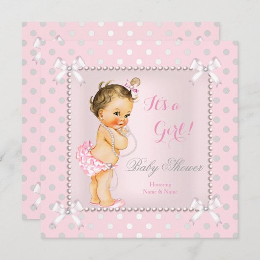 ベビーシャワーガールピンクグレーパールブルネット 招待状 (正面/裏面)