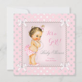 ベビーシャワーガールピンクグレーパールブルネット 招待状 (正面)