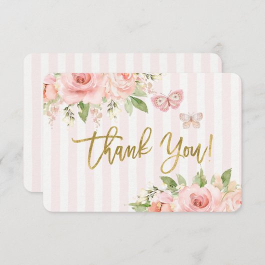 ベビーシャワーガールピンクバタフライサンキューカード サンキューカード (正面/裏面)
