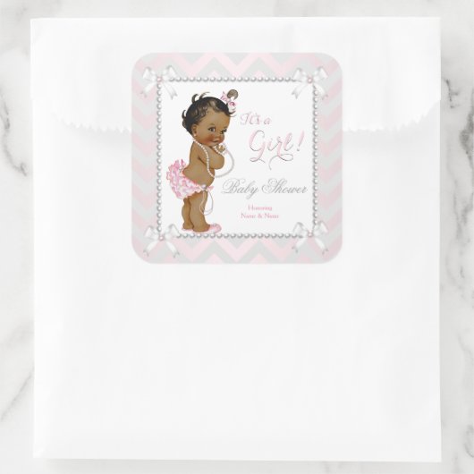 ベビーシャワーガールピンクパールグレーホワイトエスニック スクエアシール (バッグ)