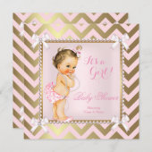 ベビーシャワーガールピンクパール金ゴールドシェブロンブルネット 招待状 (正面/裏面)