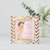 ベビーシャワーガールピンクパール金ゴールドシェブロンブルネット 招待状 (スタンド正面)