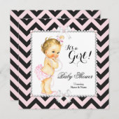 ベビーシャワーガールピンクブラックストライプホワイトブロンド 招待状 (正面/裏面)