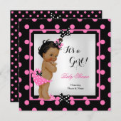 ベビーシャワーガールピンクブラック水玉模様エスニック 招待状 (正面/裏面)