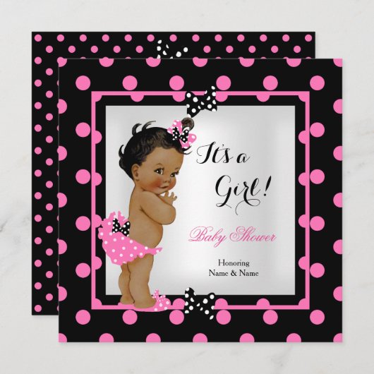 ベビーシャワーガールピンクブラック水玉模様エスニック 招待状 (正面/裏面)