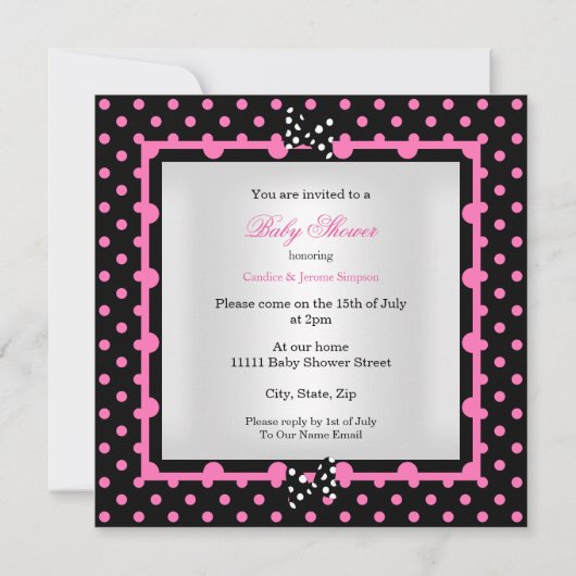 ベビーシャワーガールピンクブラック水玉模様エスニック 招待状 (裏面)