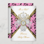 ベビーシャワーガールピンクプリンセスダマスクブラック 招待状 (正面/裏面)