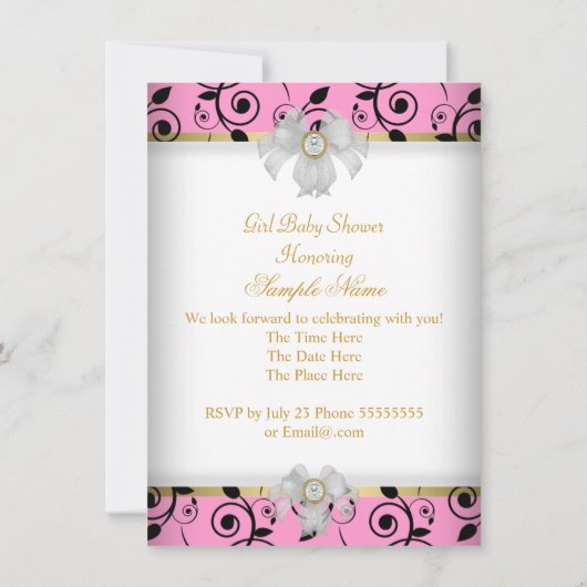 ベビーシャワーガールピンクプリンセスダマスクブラック 招待状 (裏面)