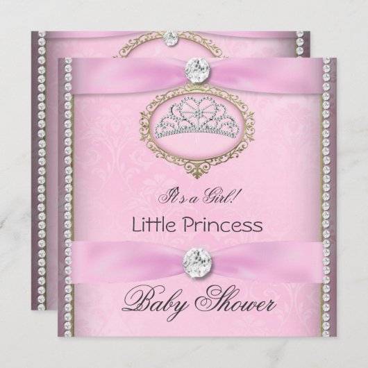 ベビーシャワーガールピンクプリンセスティアラダイヤモンド2 招待状 (正面/裏面)