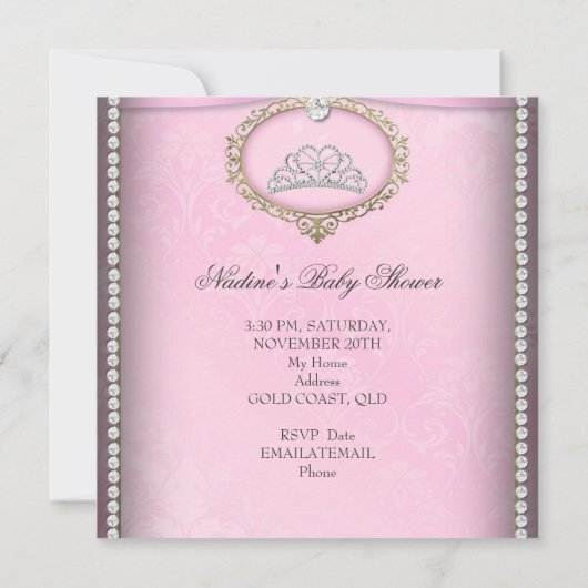 ベビーシャワーガールピンクプリンセスティアラダイヤモンド2 招待状 (裏面)