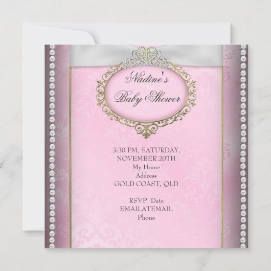 ベビーシャワーガールピンクプリンセスティアラダイヤモンド 招待状 (裏面)