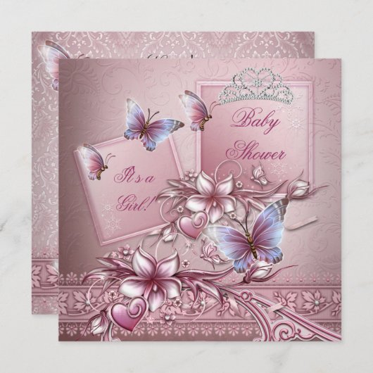 ベビーシャワーガールピンクプリンセス蝶 招待状 (正面/裏面)