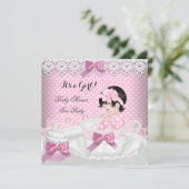 ベビーシャワーガールピンクベビーティーカップケーキ2 招待状 (スタンド正面)
