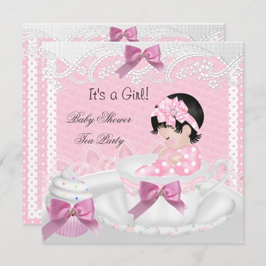 ベビーシャワーガールピンクベビーティーカップケーキ34 招待状 (正面/裏面)