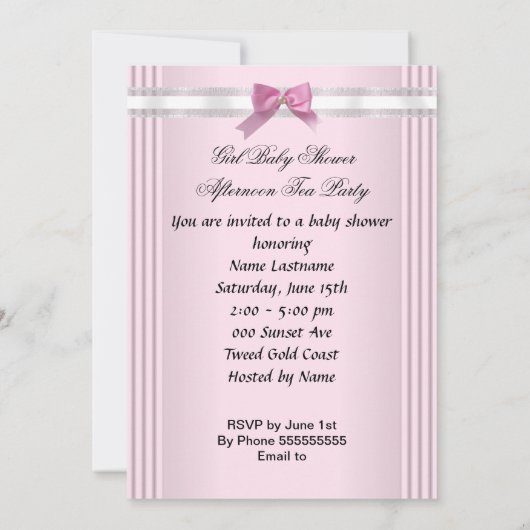 ベビーシャワーガールピンクベビーティーカップケーキ4b 招待状 (裏面)