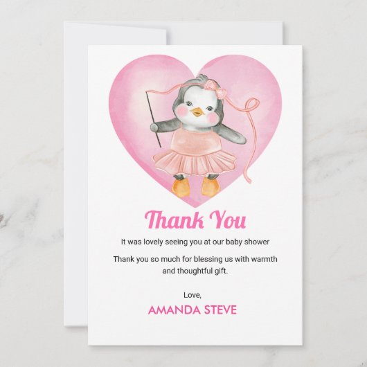 ベビーシャワーガールピンクペンギンサンキューカード サンキューカード (正面)