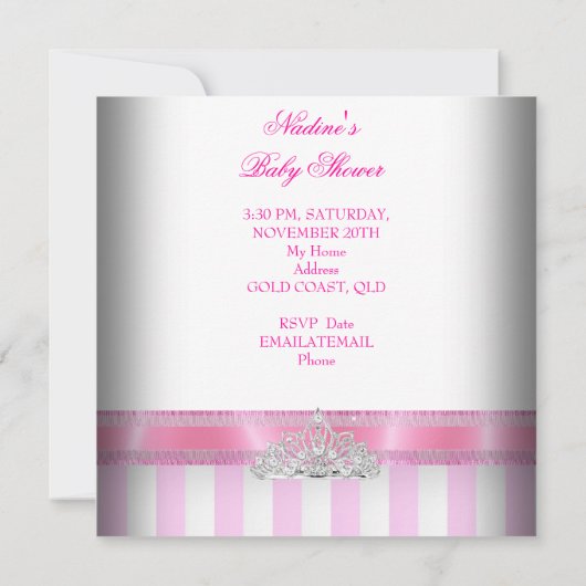 ベビーシャワーガールピンクホワイトストライププリンセス 招待状 (裏面)