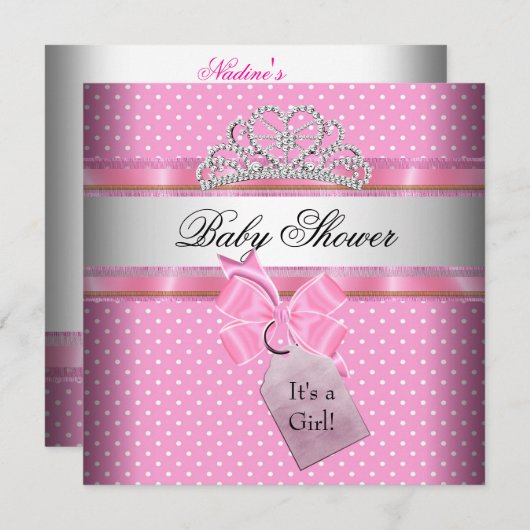ベビーシャワーガールピンクホワイトスポットプリンセス 招待状 (正面/裏面)