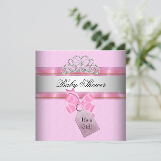 ベビーシャワーガールピンクホワイトプリンセスティアラ 招待状 (スタンド正面)