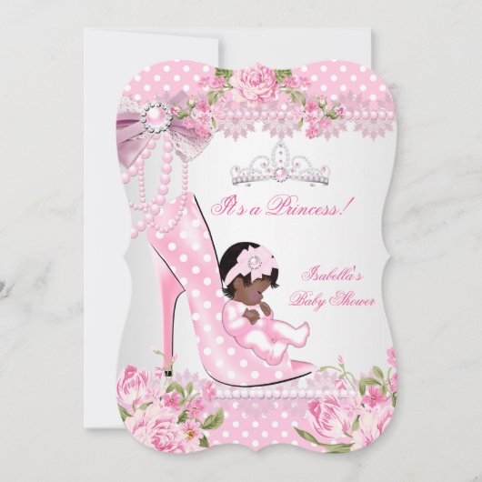 ベビーシャワーガールピンクローズ水玉模様ハイヒールA 招待状 (正面)