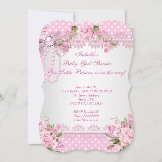 ベビーシャワーガールピンクローズ水玉模様ハイヒールA 招待状 (裏面)