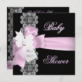 ベビーシャワーガールピンク白黒レース 招待状 (正面/裏面)