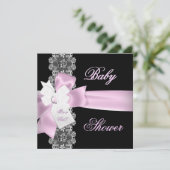 ベビーシャワーガールピンク白黒レース 招待状 (スタンド正面)
