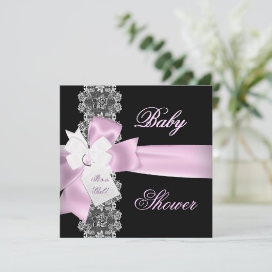 ベビーシャワーガールピンク白黒レース 招待状 (スタンド正面)