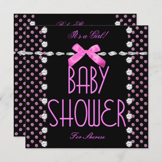 ベビーシャワーガールピンク白黒水玉模様 招待状 (正面/裏面)