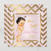 ベビーシャワーガールピンク金ゴールドシェブロンブルネット 招待状 (正面/裏面)