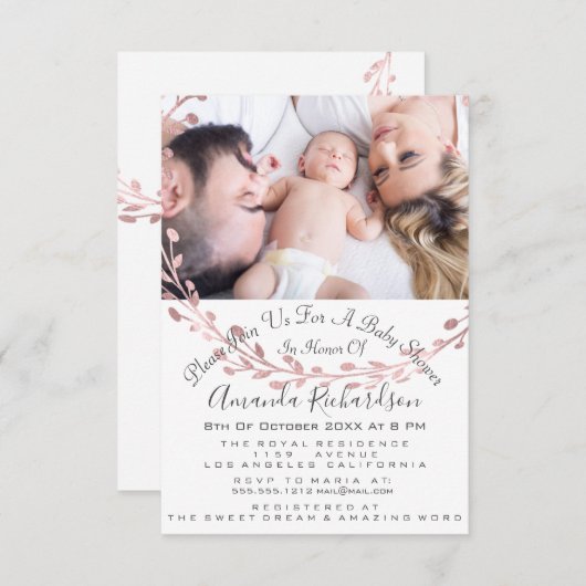 ベビーシャワーガールフォトホワイトローズリース 招待状 (正面/裏面)